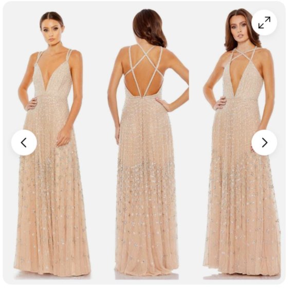 MAC DUGGAL 93701 DEEP V-NECK SLEEVELESS STRAPPY BACK NUDE SILVER GOWN sz 6 - Picture 1 of 4